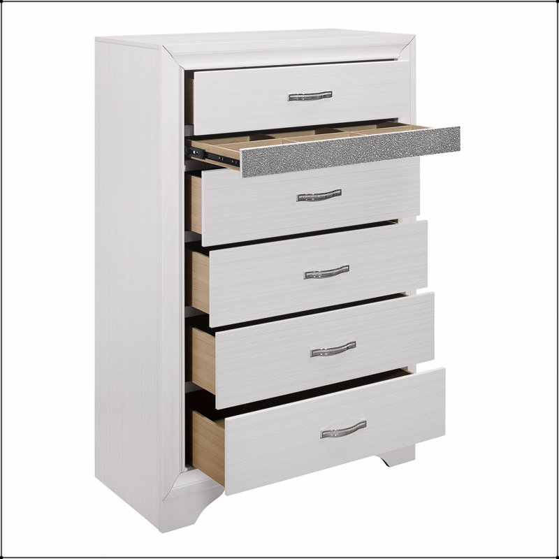 Commode glamour à finition blanche avec faux cristaux, tiroir à bijoux caché et paillettes argentées pour les chambres à coucher modernes
