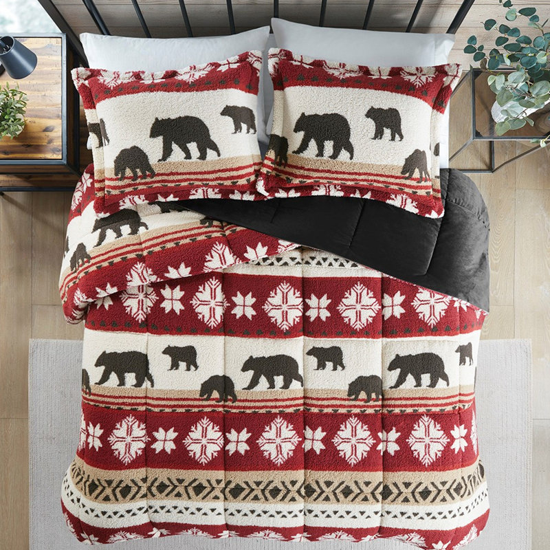 Édredon très grand / très grand lit - Literie à motif d'ours rustique réversible en simili vison doux lavable à la machine 2 taies décoratives multicolores avec rembourrage confortable