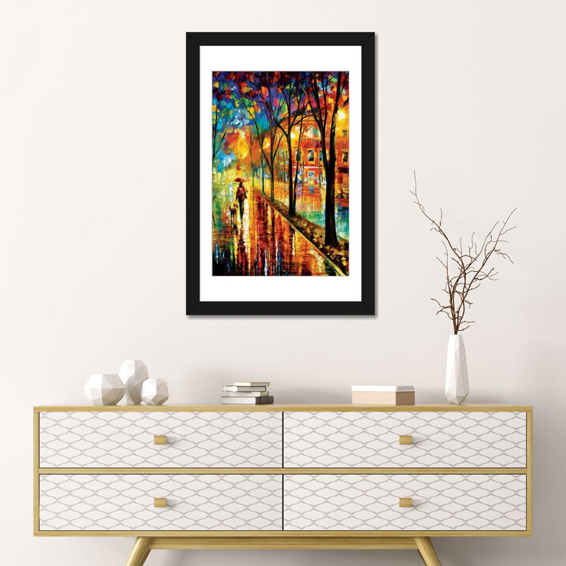 «Walk with Dog» - Reproduction de giclée sur toile tendue avec châssis, H 24 po x l 16 po x P 1 po, Cadre noir