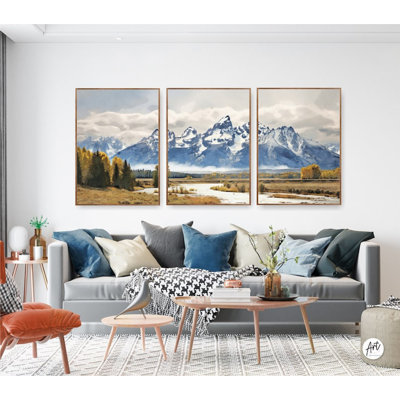 Grand Teton National Park Watercolor Prints Mountains No Frame Poster With Wrapped Canvas (Set of 3)