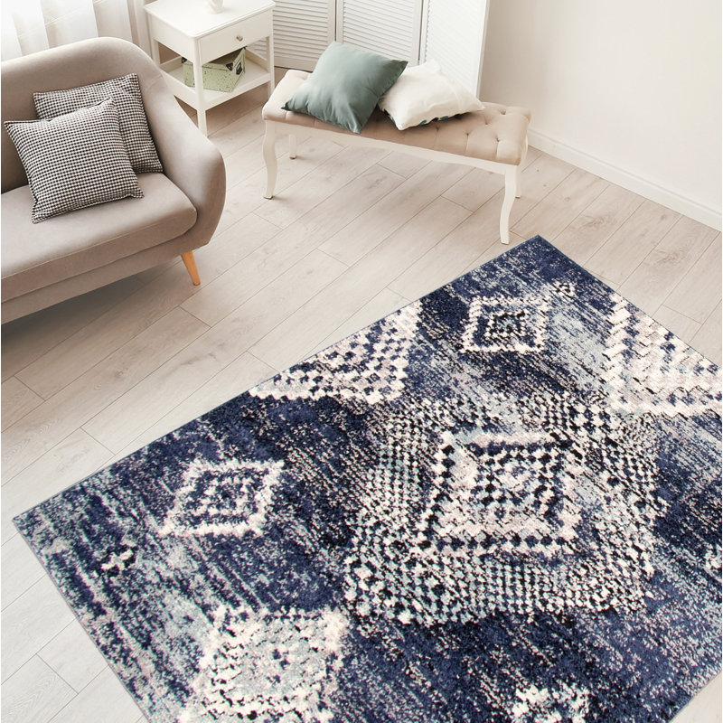 Tapis bleu foncé/ivoire/vert mosaique Stigall, Rectangle 6 pi 7 po x 9 pi 6 po