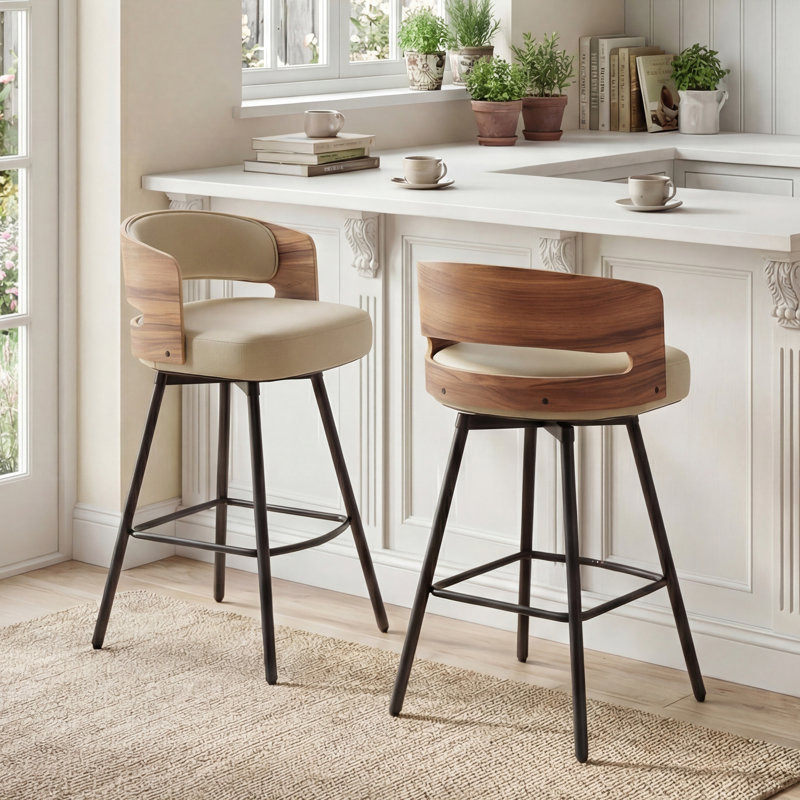 Chelsea Swivel Bar Stools With PU Cushion And Bentwood Back – Metal Frame, Beige