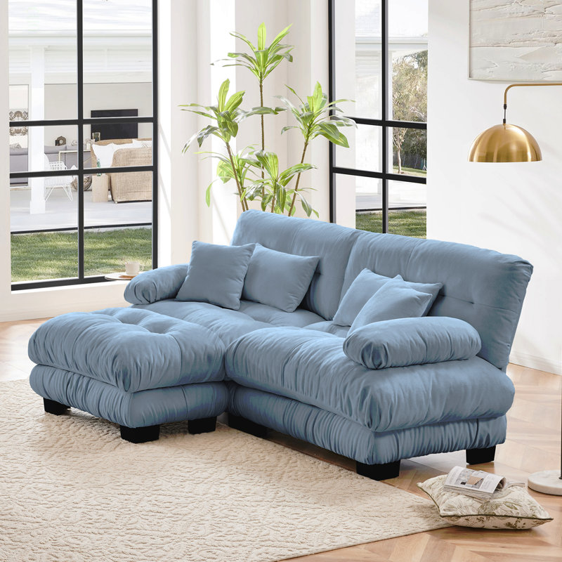 Canapé modulaire Cloud Couch pour le salon, canapé 2 places en chenille avec 2 coussins lombaires et 2 coussins décoratifs, canapé rembourré à large accoudoirs avec repose-pieds convertible, bleu chenille