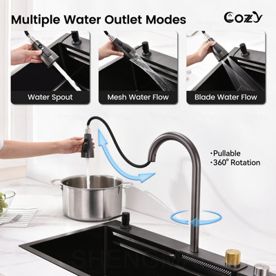 Évier de cuisine à effet cascade, cuve unique en acier inoxydable noir, comptoir multifonctionnel avec robinet à jet pluie et planche à découper, 76 x 56 cm.