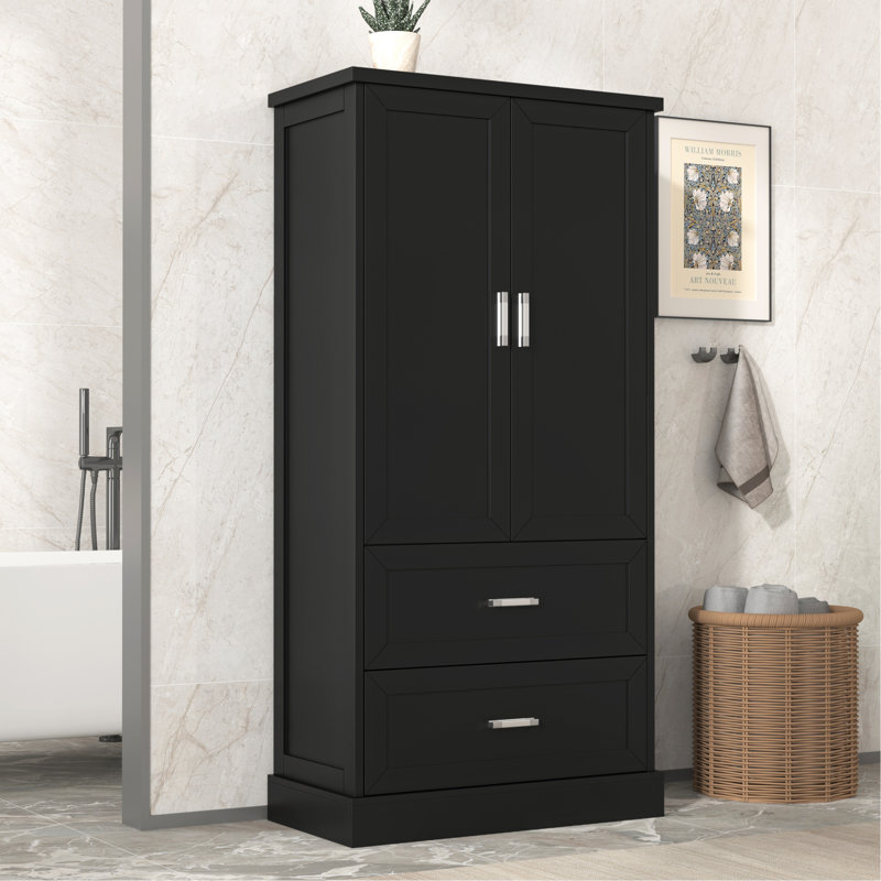 Garner Tall Bathroom Storage With 2 Drawers, An Adjustable Shelf And Door Shelves Design, 64" H x 31.3" W x 16" D, Black