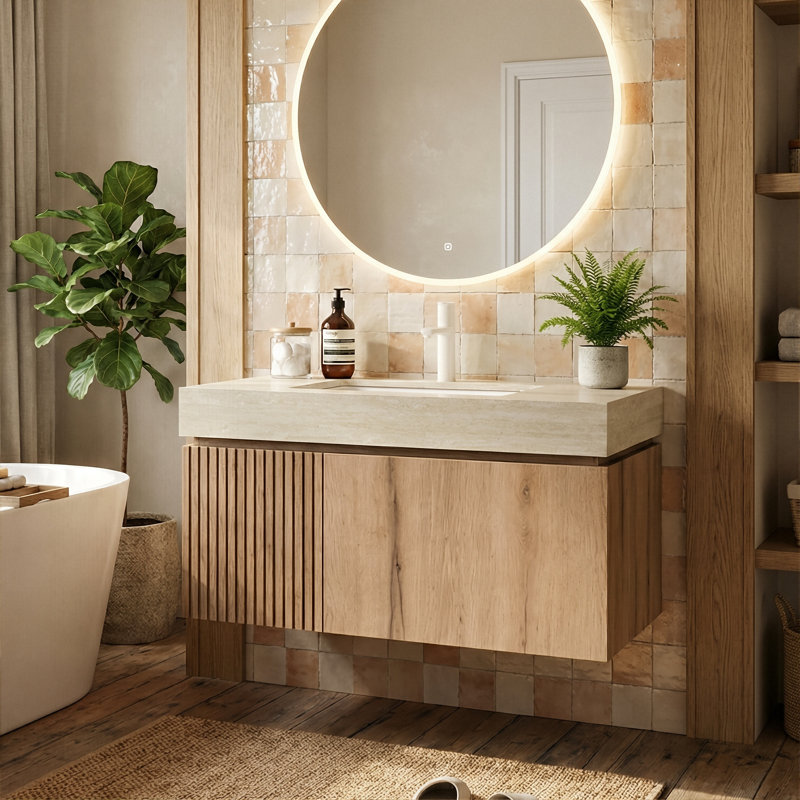 36" Modern Floating Vanity, Sintered Stone Top (Light Gray / Travertine) With Ceramic Sink & Plywood Cabinet (White Oak / Brown Oak) & 1 Drawer