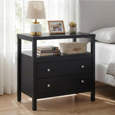 Table de chevet moderne de 26,5 po de hauteur avec 2 tiroirs de rangement, table de chevet en bois de 28 po de large avec tablette ouverte, grande table de bout de style Mid-Century pour la chambre à coucher