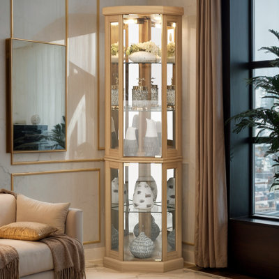 Corner Curio Cabinet, 70" H Lighted Glass Display Cage with Tempered Glass Doors and Adjustable Shelves, Bulb Inclued, Wine Bar China Cabinet for Living Room Liquor Storage