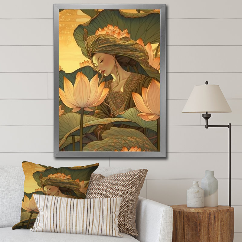 Lotus Goddess In Faded Retro Colors sur impression sur toile, H 32 po x l 24 po, Cadre naturel flottant