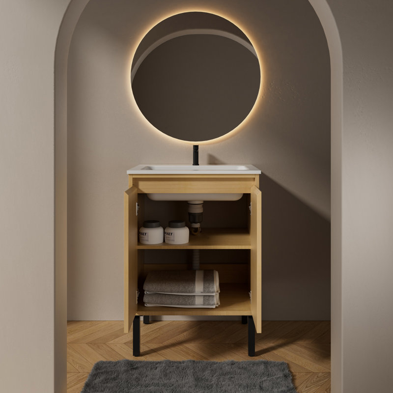 Ensemble de meuble-lavabo simple autoportant avec lavabo en résine à surface solide intégré, portes d'armoire cannelées et pieds en métal