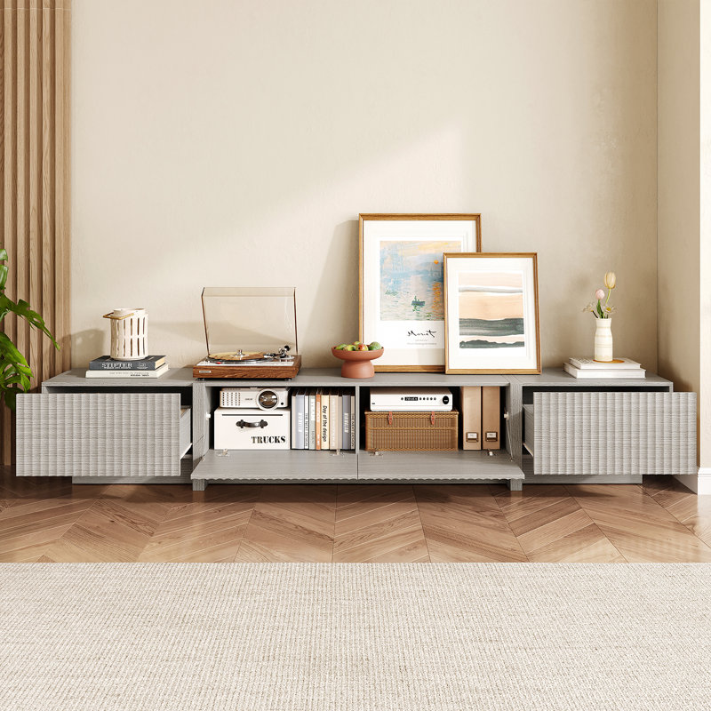 98'' TV Stand with Storage, Fluted Tv Console Cabinet, Mid Century Modern Entertainment Center, Wood Media Console for Living Room, Bedroom