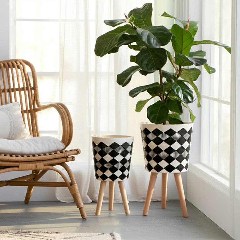 Balmorhea Resin and Wood Planters with Ribbed Design and Magnesia Construction, Set of 2, 12" H x 12" W x 12" D, White/Black