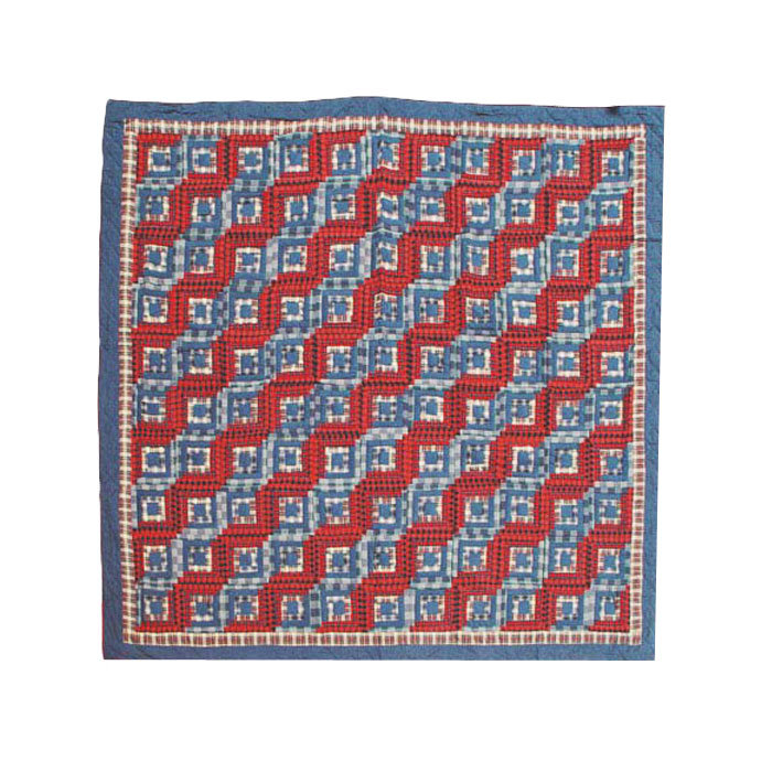Red Log Cabin Farmhouse / Country Cotton Geometric Shapes Quilt, Full / Queen
