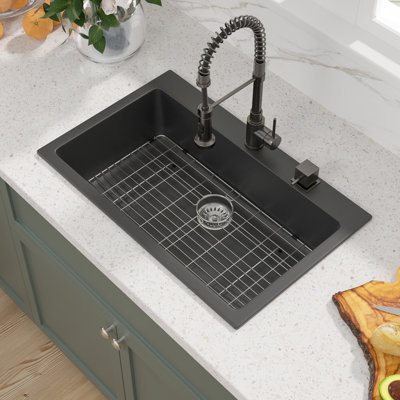 33" L x 22" W Granite Composite Drop-In Kitchen Sink Single Bowl Quartz Kitchen Sink with Sink Grid