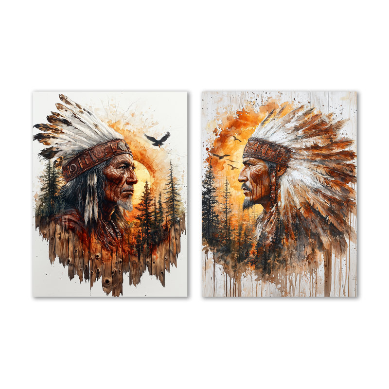 Native American Warrior Energy of Forest I - Brown, impression d'art mural en métal, ensemble de 2, 32" H x 48" W
