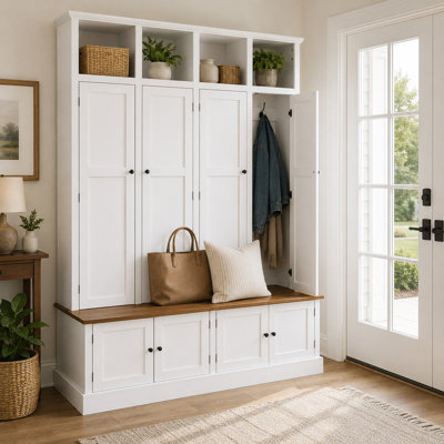 Armoire de vestibule Modern Farmhouse avec banc, organisateur de vestibule avec crochets et casiers de rangement ouverts