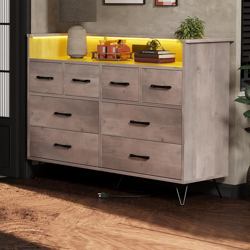 TV Stand Dresser For Bedroom With LED Light & Charging Station, 8 Drawers Wooden Dressers, Tan