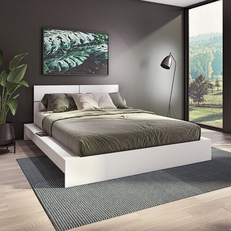 ZEN OMEGA - Lit plateforme avec tête de lit - Assemblage facile, aucun sommier requis, Blanc, Queen