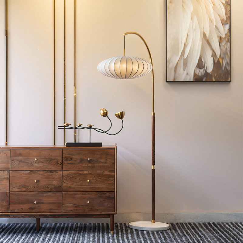 Lampe sur pied en bois massif de style rétro avec base en marbre et abat-jour en soie