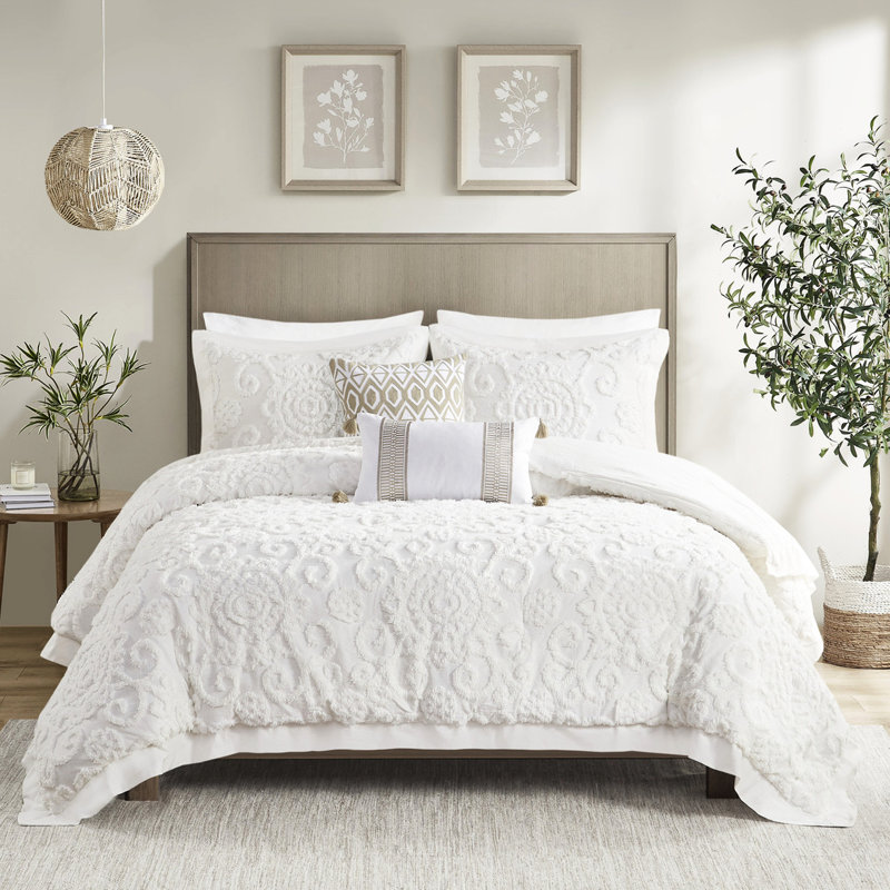 Édredon double / grand double - 100% coton avec attrayant capitonnage en chenille 3D 2 taies décoratives Magnifique bourre surdimensionnée lavable à la machine