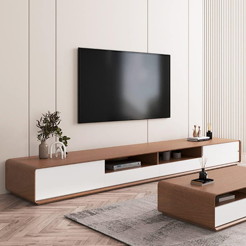 Console télé 94 po avec tiroirs, rangement ouvert, armoire, placage noyer, entièrement assemblée, Noyer / Blanc
