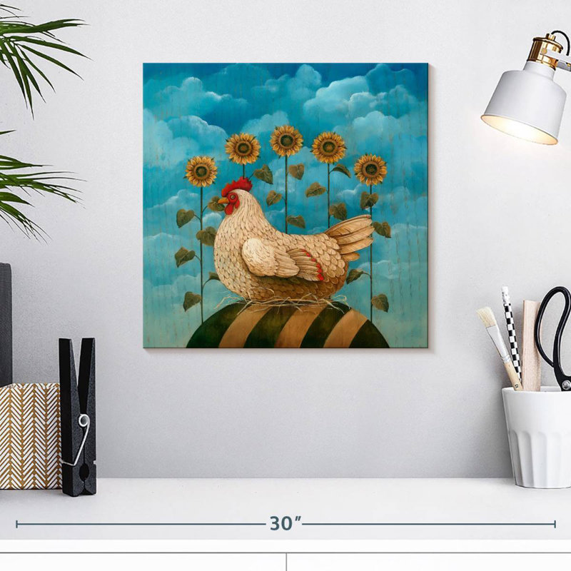 Corbeau de poulets et de tournesols, H 16 po x l 16 po