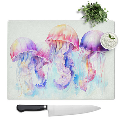 Jellyfish Watercolour  Glass Chopping Board