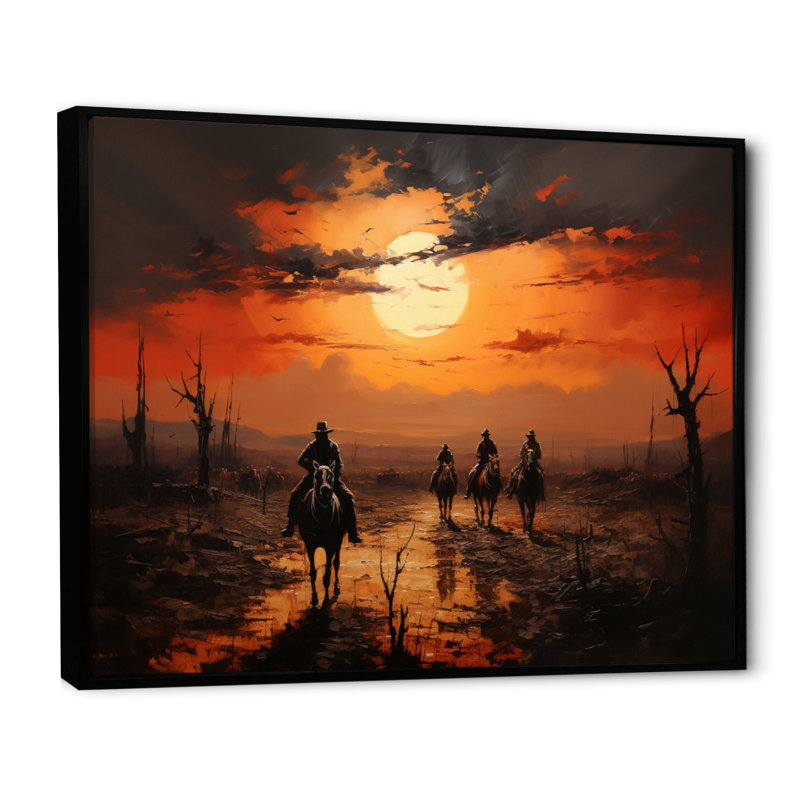 Western Sunset Riders Pointillism Art I - décoration murale occidentale, Cadre flottant noir, H 34 po x l 44 po x P 1,5 po