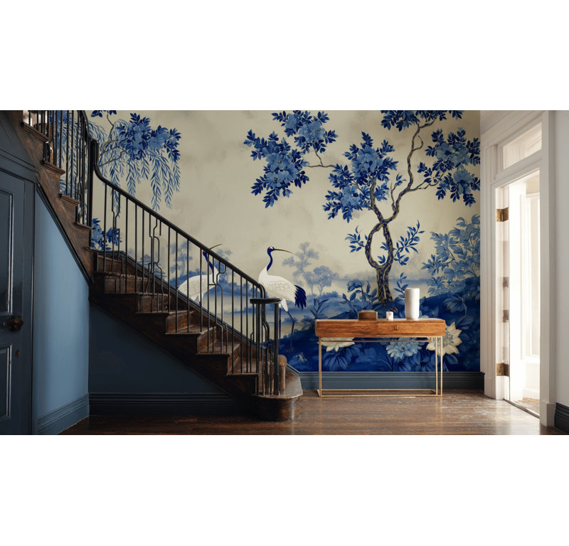Papier peint chinois avec grues bleues et blanches, 200"x120", Non-Woven Nonpasted