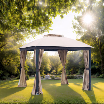 Pavillon de jardin robuste en métal 10 x 10 pi avec moustiquaire et rideaux pare-soleil, auvent double pour patio, cour arrière, jardin - tente extérieure en acier galvanisé