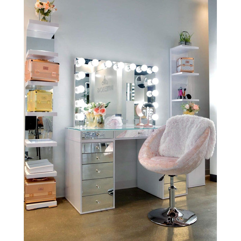 Giselle Antoinette Round Tufted Vanity Chair with 360 Degree Swivel and Stainless Steel Flat Base, Pink