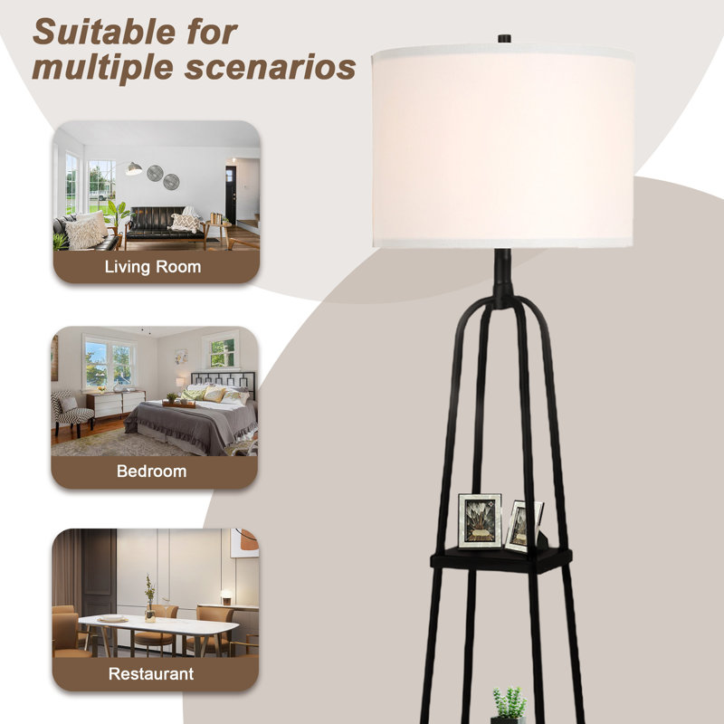 Lampe sur pied moderne en métal avec tablettes et abat-jour en lin Modern