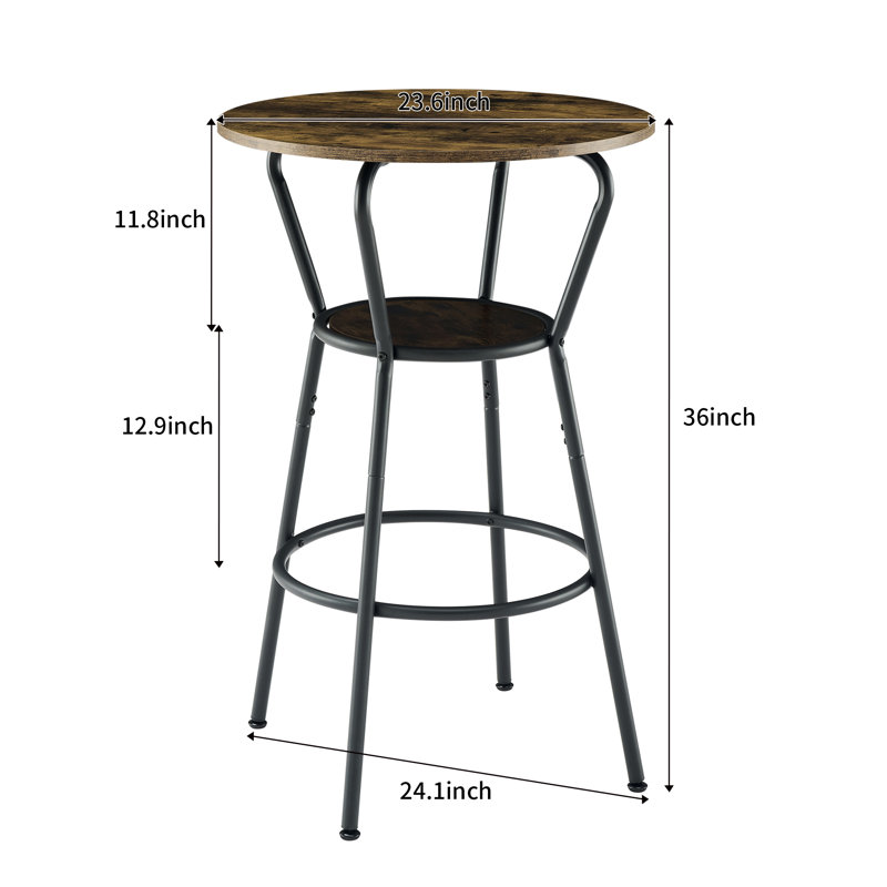 Round Bar Table And Stool Set With Shelf, Upholstered Stool With Backrest