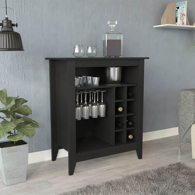 Armoire de bar Essential, une tablette ouverte, six supports à vin intégrés, un tiroir, Noir
