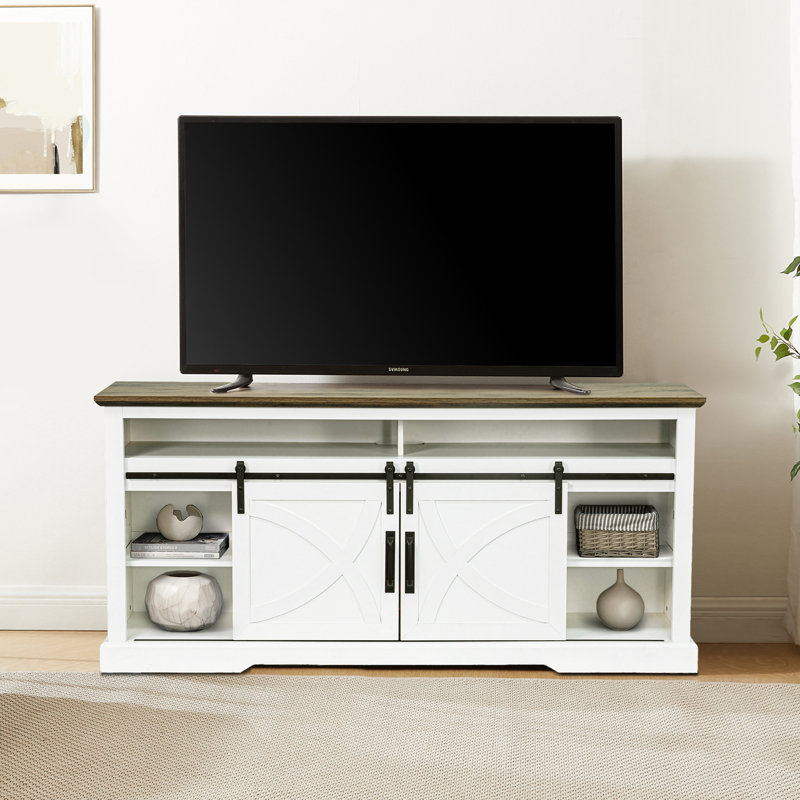 Oddvin 68" W Farmhouse TV Stand with Sliding Barn Doors, White
