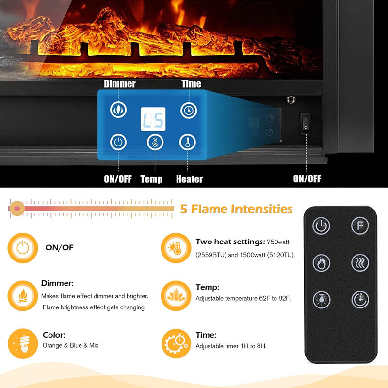 28.5" Black Wall Mounted Electric Fireplace with Adjustable Flames