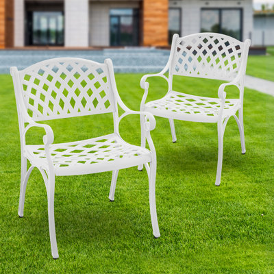 White Outdoor Patio Chairs Set 2 Cast Aluminum Patio Dining Chairs with Armrest for Garden by Lark Manor