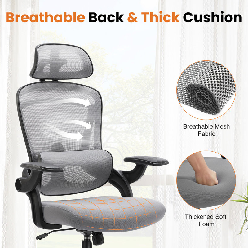 High Back Desk Chair With Adjustable Lumbar Support & Headrest,Comfortable Mesh Computer Chair With Soft Flip Up Arms, Adjustable Height And 120Â°Tilt