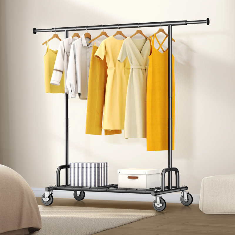 Heavy Duty Clothes Rail 238kg (525lbs) Capacity, Extendable Hanging Rack with Lockable Wheels & Shelves, Black