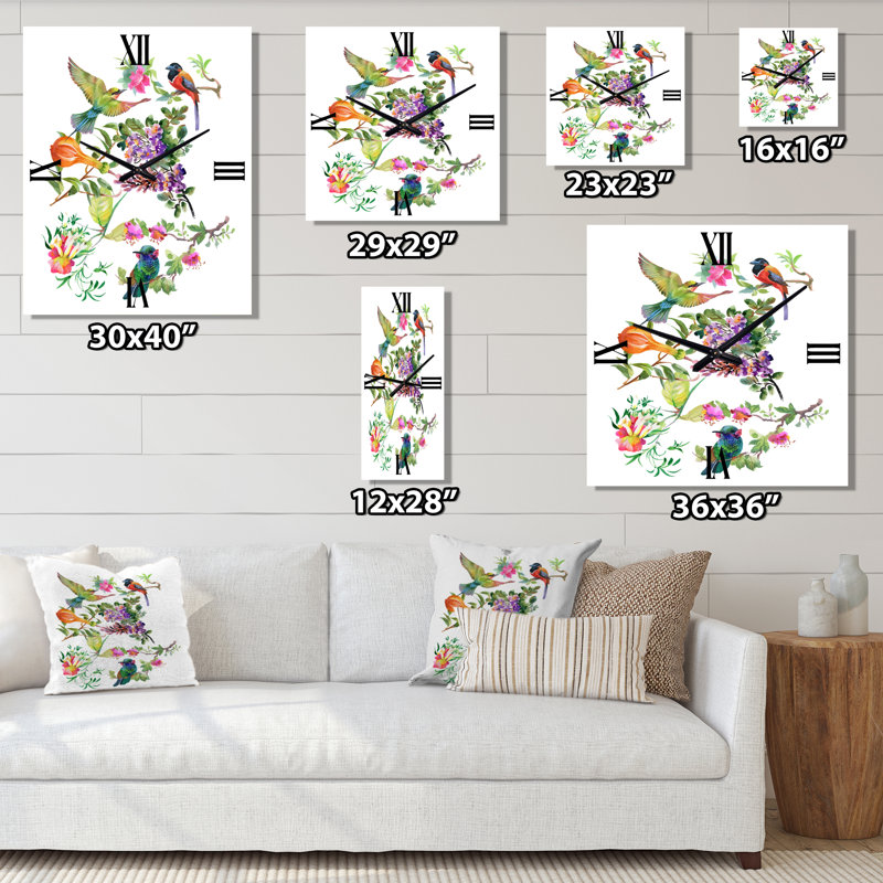 Horloge murale fleurs tropicales et oiseaux II, Petit