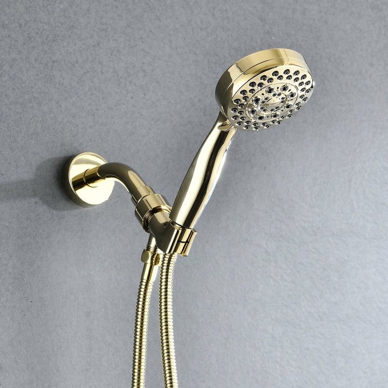 Pomme de douche à main à 5 modes - Doré poli, bonne résistance aux chocs, fixation murale, forme ronde, pomme de douche réglable, comprend un tuyau de douche avec réglages haut, rond, eau et force,