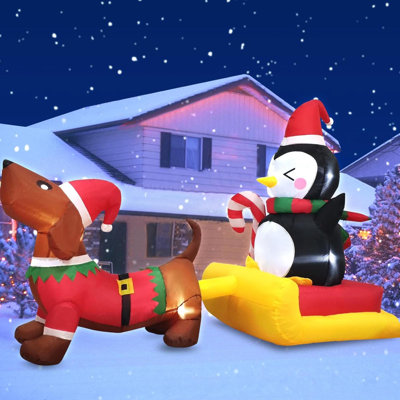 6 FT Long Christmas Inflatable Dog Sled With Penguin Outdoor Decorations- Blow Up Penguin On Dog Sleigh Yard Decorations Leds Lighted Décor For Xmas Holiday Indoor Garden Lawn Party Patio