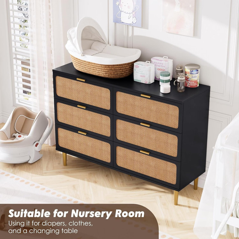 Rattan 6 Drawer Dresser, Black