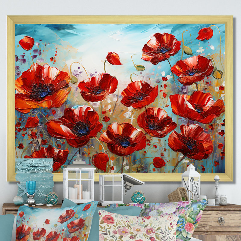 Coquelicots rouges en fleurs sur toile, Cadre doré simple, H 24 po x l 32 po x P 1 po