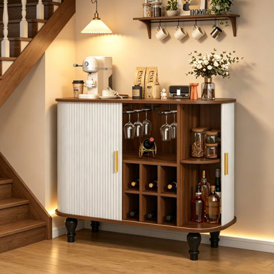 39.4" Fluted Mid-Century Modern Bar Cabinet with 6 Wine Racks and 3 Glass Holders, Wine Cabinet with Hidden Storage Space on the Side