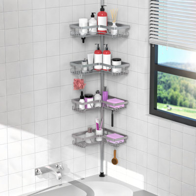  Adjustable Tension Pole Shower Caddy, 4-Tier Corner Bathroom Organizer With No Drilling Installation, Bathroom Storage Rack Corner Waterproof,Light gray.