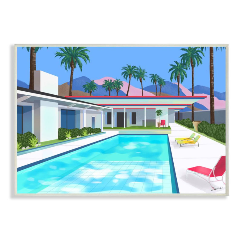 «Modern Architecture House Pool Tropical Palm Trees» par Ziwei Li - reproduction d'art, H 15 po x l 10 po, Plaque de bois