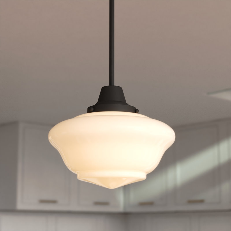 Eastgate 1-Light 12 in. Wide Matte Black Schoolhouse Mini Pendant with White Frosted Opal Glass Shade, Adj Height Hanging Ceiling Fixture for Dining Table, Kitchen, Entryway, Island, Foyer