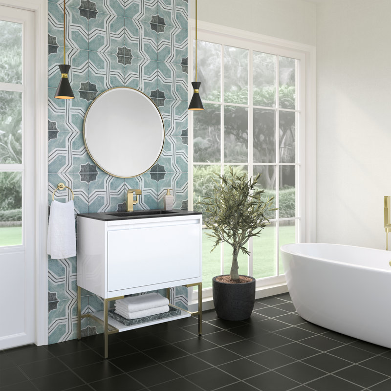 Mantova 31.5'' W Single Vanity, Glossy White/Champagne Brass, Charcoal Black