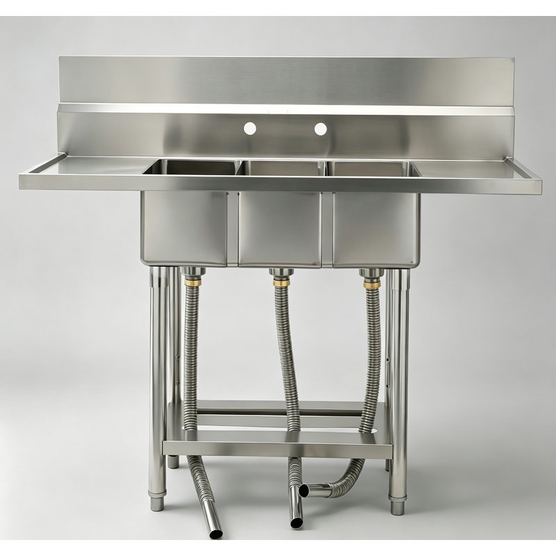 Station de lavabo utilitaire simple / triple en acier inoxydable robuste - Station de lavabo commerciale autoportante avec établi, ensemble de drain, égouttoir à vaisselle et étagère de rangement pour le restaurant, la buanderie